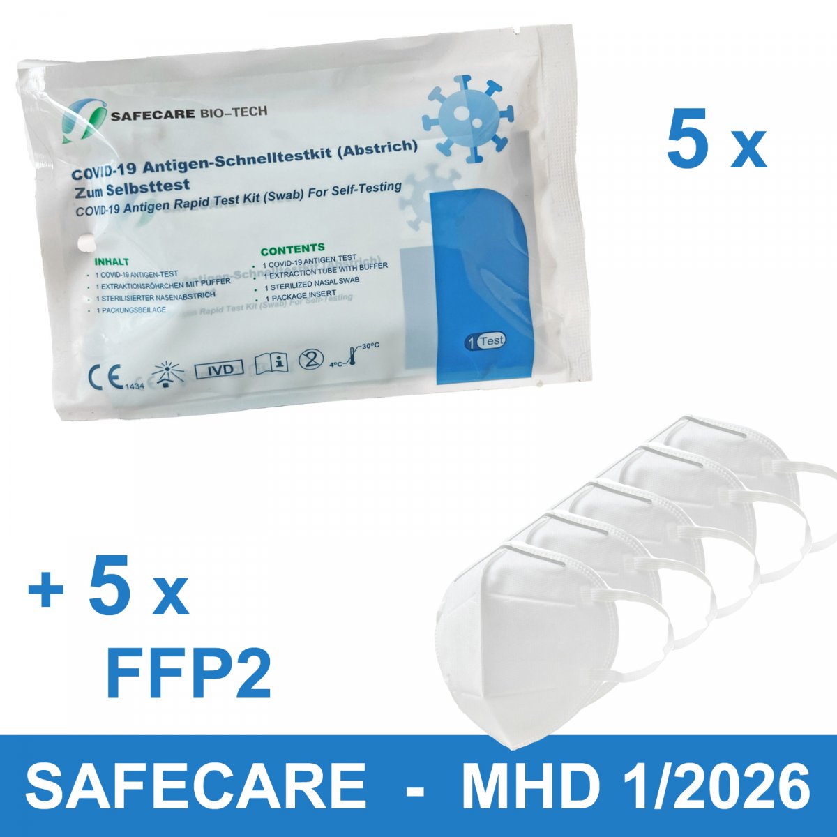 5x Selbsttest + 5x FFP2 Maske - SAFECARE Corona...