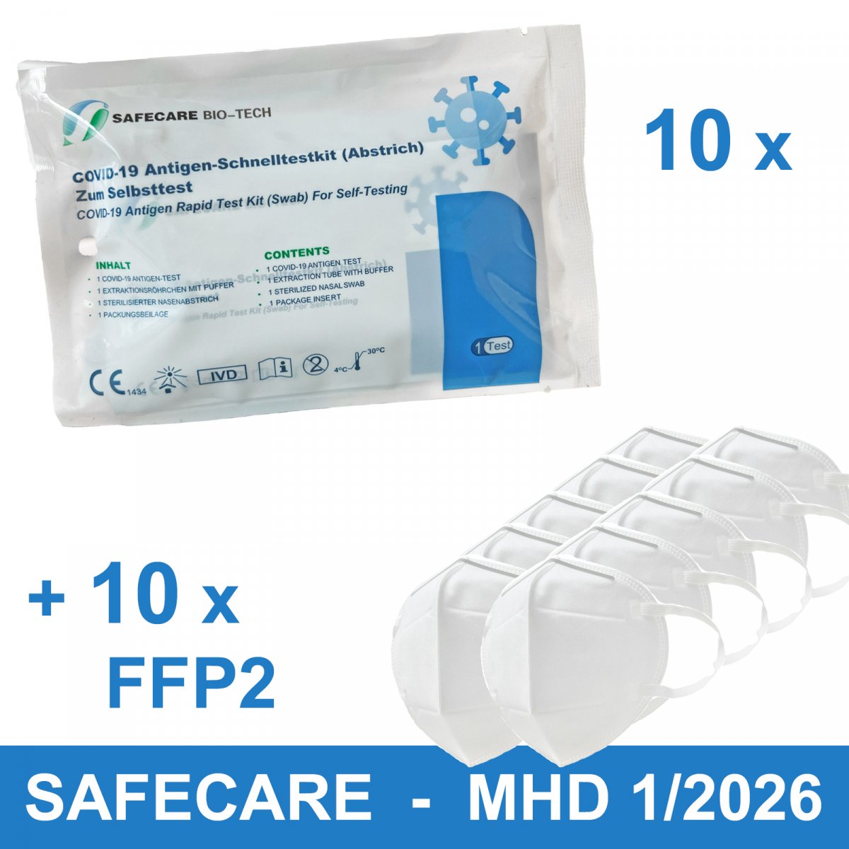 10x Selbsttest + 10x FFP2 Maske - SAFECARE Corona...